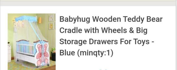 BABYHUG Wooden Teddy Bear Cradle with Wheel and Big Storage Drawers for Toys - Blue, Dimensions: L104.5 x B 54 x H 147.5 cm on Sale