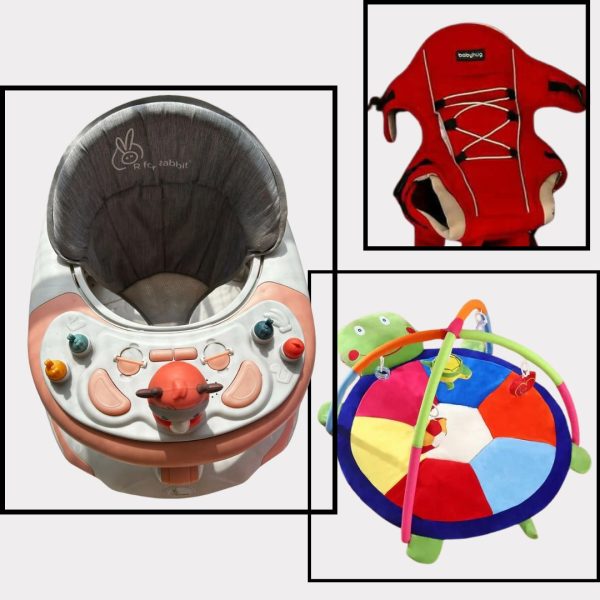 Combo of BABYHUG carrier, BABYHUG play gym andR FOR RABBIT walker on Sale